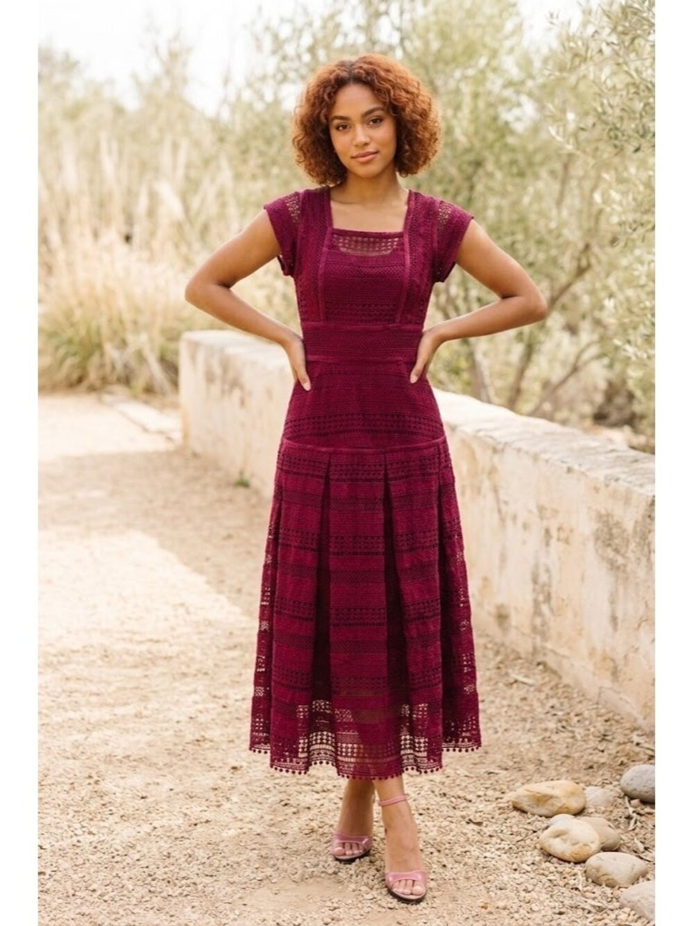NWT Ivy City Co. Amory Midi in Burgundy Lace Pleated Drop Pleated Dress 6